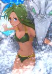  1girl blue_eyes breasts chienon cleavage closed_mouth commentary_request dragon final_fantasy final_fantasy_iv green_eyes green_hair highres long_hair looking_at_viewer mist_dragon navel no_pupils older rydia smile swimsuit water 