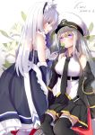  2girls absurdres apron azur_lane belfast_(azur_lane) belt black_belt black_coat black_legwear black_neckwear blue_eyes blush braid breasts broccoli chinese_commentary coat collar commentary_request enterprise_(azur_lane) flower french_braid frilled_apron frilled_gloves frills gloves grey_hair hat highres karv large_breasts lily_(flower) long_hair maid maid_apron maid_headdress military_hat multiple_girls open_clothes open_coat peaked_cap pleated_skirt purple_eyes shirt sitting skirt sleeveless sleeveless_shirt thighhighs underbust white_apron white_hair white_headwear yuri 