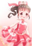  1girl :d black_eyes black_hair blush bow dress dress_bow fukuyama_mai gloves hair_bow highres idolmaster idolmaster_cinderella_girls idolmaster_cinderella_girls_starlight_stage open_mouth pink_background pink_bow pink_dress ponytail shisight smile solo standing white_gloves 