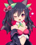  1girl animal_ears artist_name bangs bare_shoulders bat_ears bat_wings black_hair black_jacket breasts cherry cherry_hair_ornament cleavage eyebrows_visible_through_hair fang food food_themed_hair_ornament fruit hair_between_eyes hair_ornament hairclip hand_up jacket leaf long_hair long_sleeves medium_breasts off_shoulder one_eye_closed open_clothes open_jacket open_mouth original pink_background solo twintails wings yuma_(pixiv38148735) 