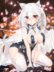  1girl animal_ear_fluff animal_ears azur_lane bangs blush braid breast_curtains breasts cat_ears cat_tail cherry_blossoms china_dress chinese_clothes cleavage commentary dress extra_ears flower garter_straps gloves grey_dress hair_between_eyes hair_flower hair_ornament highres kneeling large_breasts leaning_forward looking_at_viewer mangolingo_(mangoooo_74) neckwear_between_breasts open_mouth pelvic_curtain red_eyes revealing_clothes see-through_sleeves sheer_clothes short_hair side_braid side_slit sideboob sirius_(azur_lane) sirius_(azure_horizons)_(azur_lane) solo tail thighs tree_branch white_footwear white_gloves white_hair white_legwear 
