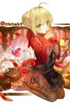  1girl ahoge akamakoto apron blonde_hair bow candy chocolate envelope fate_(series) flower food green_eyes hair_bow heart nero_claudius_(fate) nero_claudius_(fate)_(all) rose seiza sitting solo twitter_username valentine 