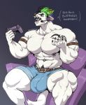  abs angry anthro belt bottomwear bulge canid canine canis chair clothed clothing controller cutoffs denim denim_clothing dialogue domestic_dog furniture game_controller grey_background hair headphones hi_res male mammal multicolored_hair muscular muscular_male navel nipple_piercing nipples partial_nudity piercing playstation playstation_controller shorts simple_background sitting solo sony_corporation sony_interactive_entertainment sxfpantera topless video_games 