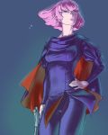  1girl breasts cape closed_mouth dress gun gundam haman_karn highres looking_at_viewer pantyhose pink_hair purple_eyes quot short_hair simple_background solo weapon zeta_gundam 