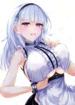  1girl anchor_choker anchor_necklace apron azur_lane bangs black_hairband blunt_bangs blush bracelet breasts center_frills choker commentary_request diamond_earrings dido_(azur_lane) dress eyebrows_visible_through_hair frilled_apron frilled_choker frills hairband hands_on_own_chest highres jewelry lace-trimmed_hairband large_breasts long_hair looking_down maid_apron maid_dress nukuiru_susu open_mouth pink_eyes sideboob simple_background sleeveless sleeveless_dress solo underboob underboob_cutout upper_body waist_apron water_drop wet wet_clothes wet_dress wet_spot white_apron white_background white_hair 