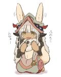  1other androgynous animal_ears blush eyebrows_visible_through_hair full_body furry kawasemi27 long_hair looking_away made_in_abyss nanachi_(made_in_abyss) parted_lips simple_background smile solo tail translation_request whiskers white_background white_hair yellow_eyes 