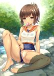  1girl blush breasts brown_eyes brown_hair censored dirty_clothes eyebrows_visible_through_hair forest hair_ornament i-401_(kantai_collection) kantai_collection kase_daiki looking_at_viewer nature one-piece_swimsuit open_mouth ponytail pussy sailor_collar school_swimsuit short_hair short_ponytail sitting small_breasts solo swimsuit swimsuit_under_clothes tree 