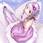  1girl dress elbow_gloves gloves hair_ornament highres legs looking_at_viewer open_mouth purple_eyes purple_hair short_hair_with_long_locks smile solo soon thighhighs twintails vocaloid yuzuki_yukari 