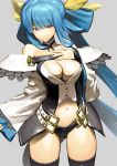  1girl blue_hair breasts cleavage closed_mouth commentary_request dizzy guilty_gear guilty_gear_xrd highres large_breasts long_hair looking_at_viewer navel red_eyes simple_background smile solo thighhighs zaki_(narashigeo) 