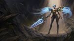  1girl armor blue_eyes blue_hair chuby_mi covered_navel feathers glowing glowing_eyes high_heels highres holding holding_sword holding_weapon indoors league_of_legends riven_(league_of_legends) solo standing sword transparent weapon wings 