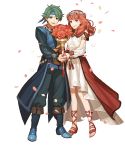  1boy 1girl alm_(fire_emblem) alternate_costume belt boots bouquet celica_(fire_emblem) earrings fire_emblem fire_emblem_echoes:_shadows_of_valentia fire_emblem_heroes flower full_body green_eyes green_hair hair_flower hair_ornament headband highres jewelry long_hair necklace official_art open_mouth petals red_eyes red_hair sandals teeth transparent_background 