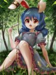  1girl :o animal_ears arm_support arm_up barefoot bloomers blue_dress blue_hair blurry blurry_background bunny_ears commentary crescent_print dango day depth_of_field dress ear_clip eyebrows_visible_through_hair feet_out_of_frame food forest grass hair_between_eyes hill holding_skewer kayon_(touzoku) knees_together_feet_apart leaf leaning_back looking_at_viewer low_twintails nature on_grass on_ground outdoors puffy_short_sleeves puffy_sleeves red_eyes seiran_(touhou) short_hair short_sleeves sitting skewer solo star star_print symbol_commentary touhou twintails underwear wagashi 