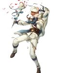  1boy abs alternate_costume argon_(exys) basket belt boots bouquet cape conrad_(fire_emblem) fire_emblem fire_emblem_echoes:_shadows_of_valentia fire_emblem_heroes flower full_body fur_trim gift hat highres leaf male_focus official_art open_mouth orange_eyes orange_hair petals solo teeth torn_clothes transparent_background 