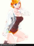  1girl aurahack blue_eyes bob_cut breasts camisole cleavage hand_in_pocket looking_at_viewer making-of_available medium_breasts multiple_girls orange_hair orange_shorts original raincoat see-through shoes short_hair short_shorts shorts smile sneakers solo spaghetti_strap thighs white_background 