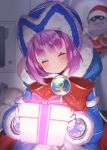  1girl ^_^ bangs beanie blue_capelet blue_coat blue_dress blurry blurry_background blush bow box capelet closed_eyes closed_mouth colonel_olcott_(fate/grand_order) depth_of_field dress eyebrows_visible_through_hair facing_viewer fate/grand_order fate_(series) fur-trimmed_capelet fur-trimmed_dress fur-trimmed_hood fur-trimmed_sleeves fur_trim gift gift_box gloves glowing hat helena_blavatsky_(christmas)_(fate) helena_blavatsky_(fate/grand_order) holding holding_gift hood hood_down hooded_capelet long_sleeves looking_at_viewer purple_hair red_bow short_hair smile solo suzuho_hotaru 