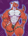  abs anthro bulge clothed clothing digimon digimon_(species) growlmon hi_res male muscular muscular_male navel partial_nudity purple_background simple_background solo speedo swimwear sxfpantera thick_thighs topless 