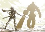 1boy cape cloud cloudy_sky dust fighting_stance giant harymachinegun holding holding_sword holding_weapon monochrome muted_color scabbard shadow_of_the_colossus sheath size_difference sky sparkle standing sword walking weapon 