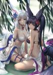  2girls absurdres animal_ears barefoot between_legs bikini blue_eyes blurry blurry_foreground breasts cleavage closed_mouth depth_of_field erune eyebrows_visible_through_hair flower granblue_fantasy hair_flower hair_ornament hair_ribbon halterneck hand_between_legs highres huge_filesize kneeling large_breasts long_hair looking_at_viewer looking_back medium_breasts multiple_girls oopartz_yang outdoors paid_reward patreon_reward pink_eyes purple_bikini purple_hair ribbon side_ponytail sidelocks sitting skirt smile socie_(granblue_fantasy) swimsuit tail white_bikini white_hair yuel_(granblue_fantasy) 