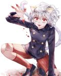  1other animal_ears blood cat_ears cat_tail claws fang fingers grin highres hunter_x_hunter looking_at_viewer neferpitou red_eyes short_hair simple_background smile solo tail white_background white_hair 