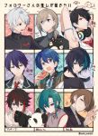  1other 6+boys ahoge aqua_hair armpits arms_up black_hair black_jacket black_shirt blue_eyes blue_hair blush braid brown_eyes brown_hair business_suit character_name closed_mouth doughnut ear_piercing earrings eating fangs food food_on_face formal from_side green_hair grin harusaki_air headphones headphones_around_neck highres hirai_yuzuki holding holding_food holding_stuffed_animal jacket jewelry kagami_hayato kanae_(nijisanji) kenmochi_touya kuzuha_(nijisanji) long_braid long_sleeves looking_at_viewer looking_back mayuzumi_kai mole mole_under_eye multicolored_hair multiple_boys necktie nijisanji one_eye_closed open_mouth parted_lips piercing pointy_ears purple_eyes purple_hair red_eyes red_hair red_neckwear red_shirt roto_(nijisanji) ryuushen saegusa_akina shirt sidelocks signature single_braid sleeveless sleeveless_jacket sleeves_past_fingers sleeves_past_wrists smile streaked_hair stuffed_animal stuffed_cat stuffed_panda stuffed_toy suit sweater tied_hair turtleneck turtleneck_sweater upper_body virtual_youtuber white_hair yellow_eyes yumeoi_kakeru 