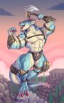  abs aeon_calcos anthro axe clothed clothing colored_nails hi_res knee_pads lizardman looking_at_viewer male melee_weapon muscular muscular_male nails navel partial_nudity reptile scalie sharp_teeth solo sxfpantera teeth topless weapon 