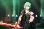  1girl angerykacchan animalization blurry blurry_background byleth_(fire_emblem) byleth_(fire_emblem)_(female) cat edelgard_von_hresvelg english_commentary fire_emblem fire_emblem:_three_houses glowing glowing_sword glowing_weapon green_eyes green_hair highres holding holding_cat parody serious silver_hair sword_of_the_creator weapon 