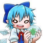  1girl avatar_icon blue_hair bow chamaji cirno close-up collared_shirt commentary frog frozen_frog hair_between_eyes hair_bow ice ice_wings looking_at_viewer lowres neck_ribbon open_mouth pointy_ears puffy_short_sleeves puffy_sleeves ribbon round_teeth shirt short_hair short_sleeves signature simple_background smile solo teeth touhou upper_body white_background wing_collar wings 