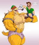  accessory_swap anthro blender_(disambiguation) blush bowser bulge clothed clothing dialogue facial_hair hat headgear headwear human koopa luigi male male/male mammal mario_bros musclegut muscular muscular_male mustache nintendo partial_nudity scalie sharp_teeth size_difference smoothie sxfpantera teeth tongue tongue_out topless underwear video_games 