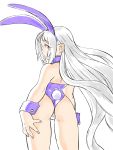  1girl absurdres animal_ears asimatosinosin backless_leotard bangs bare_legs bunny_ears bunny_tail cowboy_shot cuffs fake_animal_ears from_behind highres iron_maiden_jeanne leotard long_hair looking_at_viewer profile purple_leotard red_eyes shaman_king sidelocks simple_background solo tail thong_leotard very_long_hair white_background white_hair 
