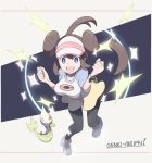  1girl black_legwear blue_eyes bow breasts brown_hair double_bun hat large_breasts legwear_under_shorts long_hair looking_at_viewer mei_(pokemon) nomura_(buroriidesu) open_mouth pantyhose pink_bow pokemon pokemon_(creature) pokemon_(game) pokemon_bw2 raglan_sleeves shorts smile solo twintails visor_cap 