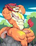  abs anthro dragon future_card_buddyfight genitals hair hands_behind_head humanoid_penis looking_at_viewer male muscular muscular_male navel nipples nude penis red_hair sharp_teeth sitting solo sun_dragon_bal sxfpantera teeth thick_thighs 