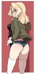  1girl aomushi_(mushamusha) ass black_tank_top blonde_hair blue_eyes blush border from_behind girls_und_panzer highres kay_(girls_und_panzer) looking_at_viewer outside_border red_background shiny shiny_skin short_shorts shorts solo sweat tank_top thighhighs thighs white_border white_legwear 