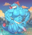  2019 abs anthro balls big_muscles big_pecs big_penis blue_penis cloud digital_media_(artwork) feraligatr genitals hi_res huge_biceps huge_pecs humanoid_penis male muscular muscular_male muscular_thighs nintendo open_mouth open_smile partially_submerged pecs penis pok&eacute;mon pok&eacute;mon_(species) reptile scalie sharp_teeth sky smile solo standing sxfpantera teeth thick_thighs video_games water 