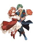  1boy 1girl alm_(fire_emblem) alternate_costume belt boots bouquet celica_(fire_emblem) earrings fire_emblem fire_emblem_echoes:_shadows_of_valentia fire_emblem_heroes flower full_body green_eyes green_hair hair_flower hair_ornament headband highres jewelry long_hair necklace official_art open_mouth red_eyes red_hair sandals teeth transparent_background 