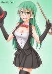  1girl alternate_costume anti_(untea9) black_gloves black_legwear blush bow bowtie breasts cleavage cylinder elbow_gloves eyebrows_visible_through_hair garter_straps gloves gradient gradient_background green_eyes green_hair hair_between_eyes hair_ornament hairclip highres kantai_collection large_breasts long_hair looking_at_viewer open_mouth smile solo suzuya_(kantai_collection) thighhighs walking_stick 