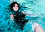  1girl absurdres black_hair blue_eyes breasts freckles highres nanase_miri original partially_submerged sleeveless sleeveless_turtleneck solo sweater turtleneck turtleneck_sweater water wet wet_clothes wet_hair 