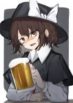  1girl absurdres alcohol beer black_headwear blush capelet collared_shirt cup ears eyebrows eyebrows_visible_through_hair hair_between_eyes hand_on_table hat hat_ribbon headwear highres hisha_(kan_moko) holding long_sleeves looking_at_viewer on_table open_eyes open_mouth orange_eyes puffy_long_sleeves puffy_sleeves ribbon shirt short_hair simple_background sleeves solo table touhou usami_renko white_ribbon 