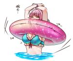  1girl ahoge arms_up bangs bikini blue_bikini blue_hair bracelet breasts cleavage front-tie_bikini front-tie_top idolmaster idolmaster_cinderella_girls inconvenient_breasts innertube jewelry kakaobataa multicolored_hair partially_submerged pink_eyes pink_hair pout short_hair solo swimsuit two-tone_hair water yumemi_riamu 