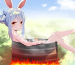  1girl absurdres animal_ear_fluff animal_ears bangs bathing blue_hair blue_sky bunny_ears chinese_commentary cloud commentary_request day double_bun drum_bath eyebrows_visible_through_hair fire from_side hair_bun highres hololive kakokyuu_hiffuu looking_at_viewer multicolored_hair nude outdoors sidelocks sky solo steam streaked_hair symbol-shaped_pupils thick_eyebrows usada_pekora virtual_youtuber water wet yellow_eyes 