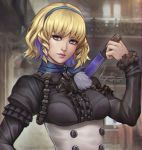  1girl blonde_hair blue_eyes blue_hairband closed_mouth constance_von_nuvelle earrings fan fire_emblem fire_emblem:_three_houses garreg_mach_monastery_uniform hairband holding jewelry kaejunni long_sleeves multicolored_hair purple_hair signature solo uniform upper_body 