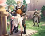  1girl 2boys ahegao armor beard belt_buckle bent_over blonde_hair boots breasts breasts_outside buckle byleth_(fire_emblem) byleth_(fire_emblem)_(male) c.x.c castle clenched_teeth clothed_sex evening facial_hair fire_emblem fire_emblem:_three_houses flower full_body green_hair hair_flower hair_ornament high_heels highres jeralt_reus_eisner lipstick long_hair makeup multiple_boys netorare nipples open_mouth outdoors saliva seiros_(fire_emblem) sex standing teeth tombstone tongue tongue_out tree walk-in 