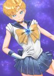  1girl absurdres bishoujo_senshi_sailor_moon blue_choker choker circlet earrings gloves happy_birthday highres jewelry kurai_munio looking_at_viewer outer_senshi pleated_skirt sailor_senshi sailor_senshi_uniform sailor_uranus short_hair skirt smile solo star starry_background ten&#039;ou_haruka very_short_hair white_gloves 