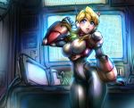  1girl absurdres alia_(rockman) android arm_support bangs blonde_hair blue_eyes blush breasts cable capcom dgrp_(minhduc12333) eyebrows_visible_through_hair gloves headset highres huge_filesize large_breasts long_hair monitor open_mouth robot_ears rockman rockman_x solo white_gloves 