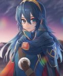  1girl armor bangs belt belt_buckle blue_cape blue_eyes blue_hair brown_belt buckle cape closed_mouth collar copyright_request fire_emblem fire_emblem:_three_houses hair_between_eyes headwear highres itou_(very_ito) long_hair long_sleeves looking_at_viewer lucina_(fire_emblem) night red_cape sky solo star_(sky) starry_sky turtleneck upper_body 
