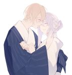  1boy 1girl ^_^ blonde_hair blue_kimono blush closed_eyes couple eyelashes female_saniwa_(touken_ranbu) happy hetero highres holding_another&#039;s_hair japanese_clothes kimono long_hair long_sleeves miyuki_(miyuki0529) profile purple_hair saniwa_(touken_ranbu) sidelocks silver_hair simple_background smile touken_ranbu upper_body very_long_hair white_background white_kimono yamanbagiri_chougi yamanbagiri_kunihiro 