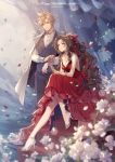  aerith_gainsborough black_hair cloud_strife dress final_fantasy final_fantasy_vii flower high_heels highres kieta ponytail ribbon white_flower 