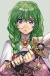  1girl closed_mouth glasses green_hair hankuri looking_at_viewer philia_felice purple_eyes round_eyewear simple_background solo sword tales_of_(series) tales_of_destiny upper_body weapon 