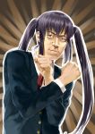  1girl azuma_takahiro bangs blue_jacket brown_background brown_eyes clenched_hands closed_mouth commentary_request emphasis_lines hands_up jacket k-on! long_hair long_sleeves looking_at_viewer manly matsui_hiroaki nakano_azusa neck_ribbon parody purple_hair real_life realistic red_ribbon ribbon school_uniform shirt sidelocks smile solo twintails upper_body very_long_hair white_shirt 