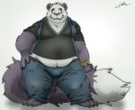  2020 anthro belly bottomwear bulge clothing fur giant_panda hi_res humanoid_hands lakalando male mammal overweight overweight_male pants purple_body purple_fur shirt simple_background solo topwear ursid whtie_fur 