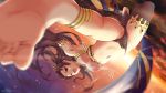  1girl :o armpits barefoot black_hair black_legwear black_panties blurry breasts cleft_of_venus depth_of_field earrings fate/grand_order fate_(series) heavenly_boat_maanna highres hoop_earrings ishtar_(fate)_(all) ishtar_(fate/grand_order) jewelry long_hair looking_at_viewer medium_breasts midriff navel open_mouth outstretched_arms panties queasy_s red_eyes side_ponytail single_thighhigh soles solo spread_arms stomach sunset thighhighs toeless_legwear toes toosaka_rin twitter_username underwear upside-down 